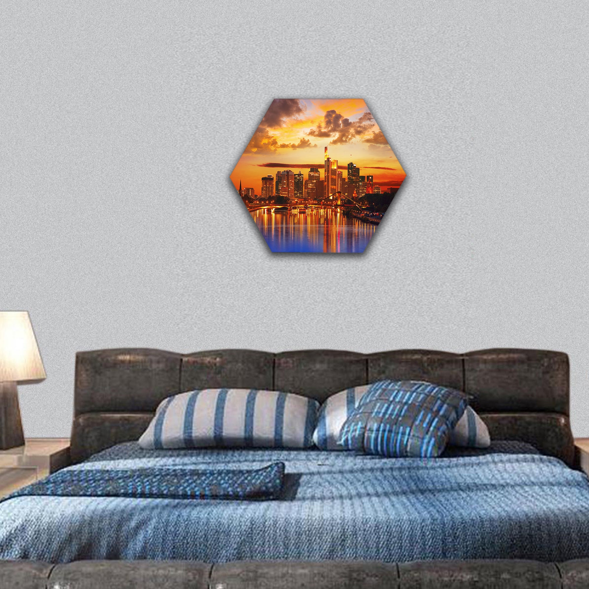 Frankfurt skyline at sunset in Germany hexagonal canvas wall art
