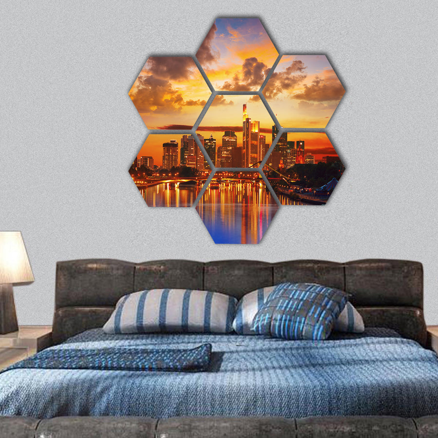 Frankfurt skyline at sunset in Germany hexagonal canvas wall art