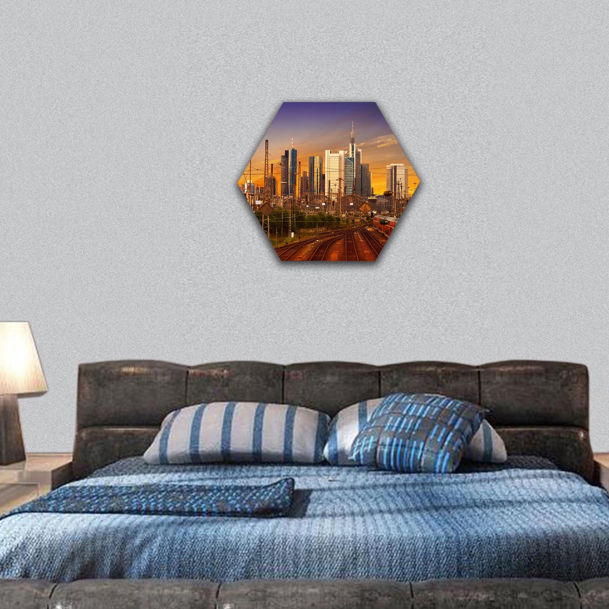 Frankfurt skyline at sunset  in Germany hexagonal canvas wall art