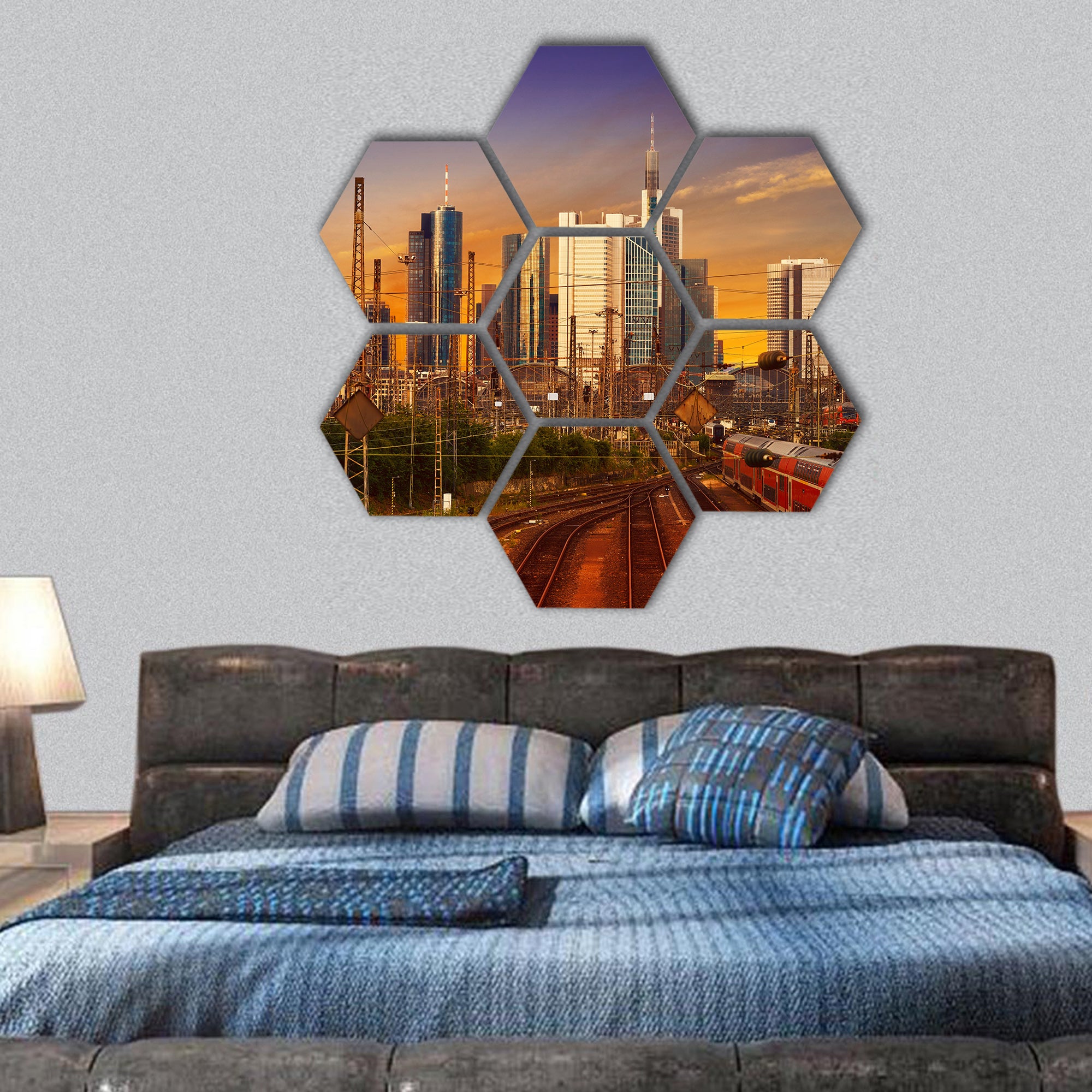 Frankfurt skyline at sunset  in Germany hexagonal canvas wall art
