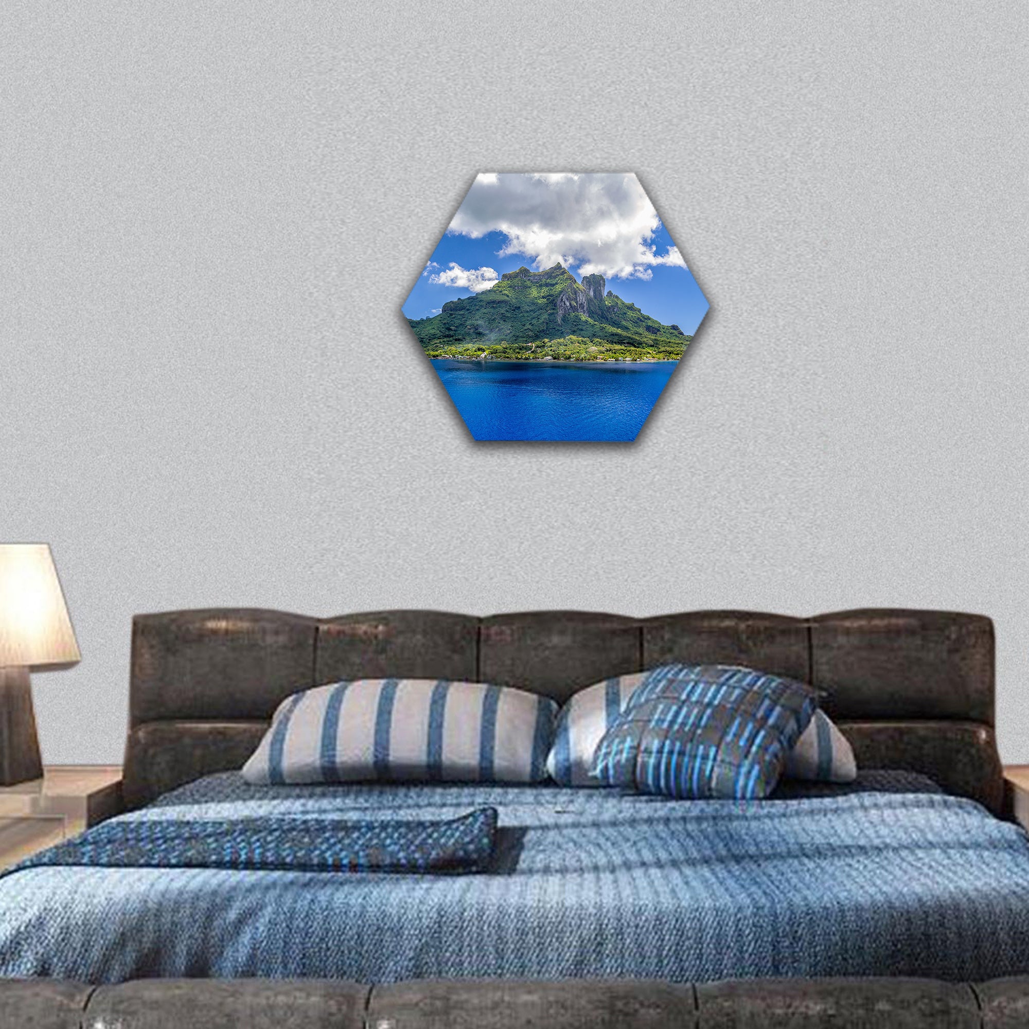 Bora Bora mountain and tender boat hexagonal canvas wall art