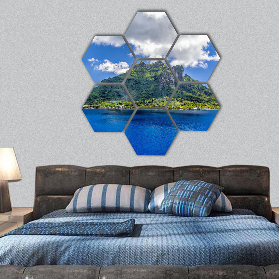 Bora Bora mountain and tender boat hexagonal canvas wall art