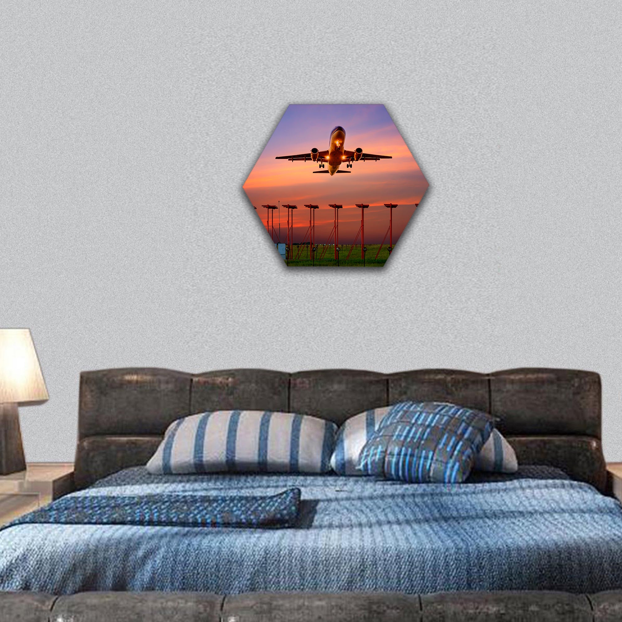 Plane fly up over take-off runway  hexagonal canvas wall art
