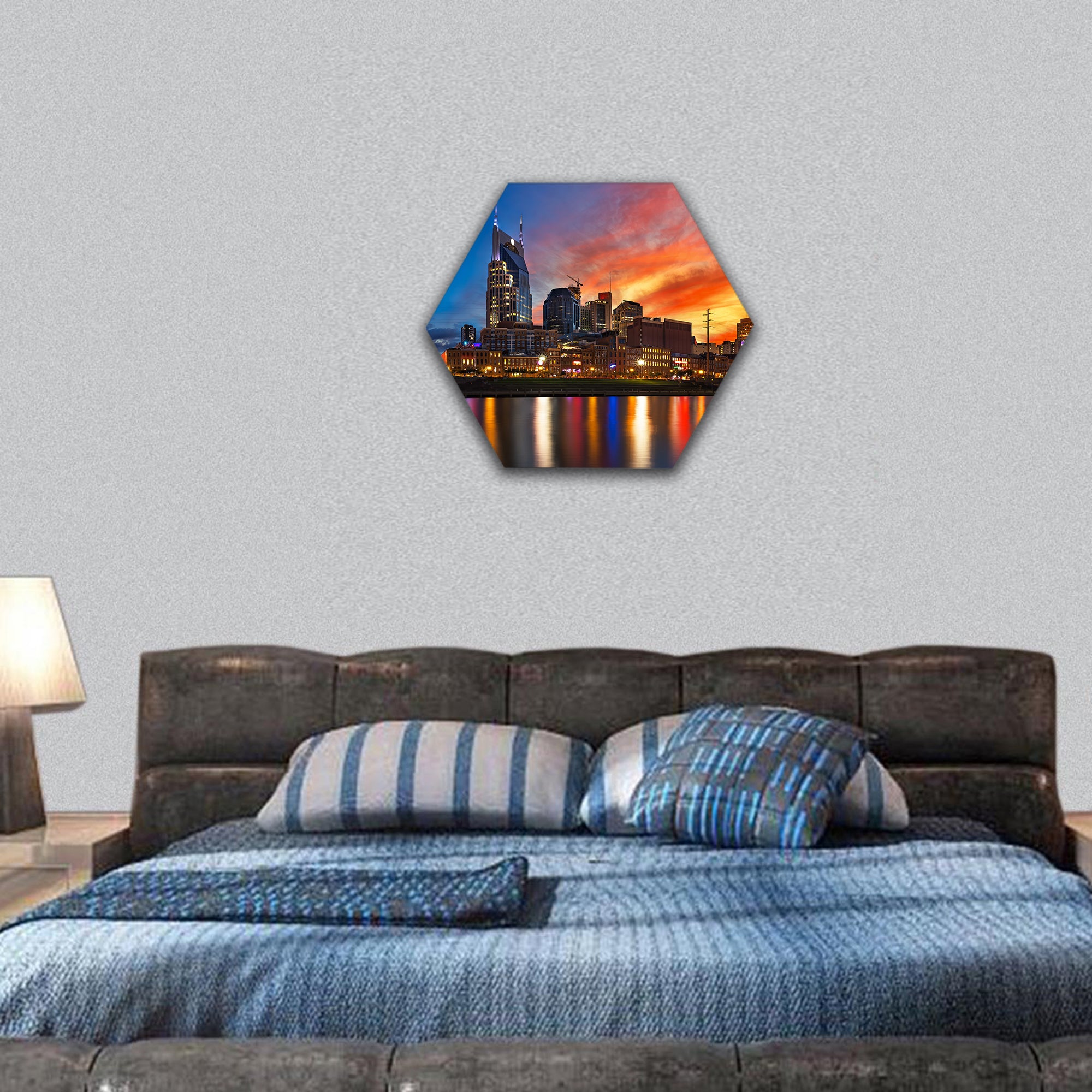 Nashville skyline and sunset hexagonal canvas wall art