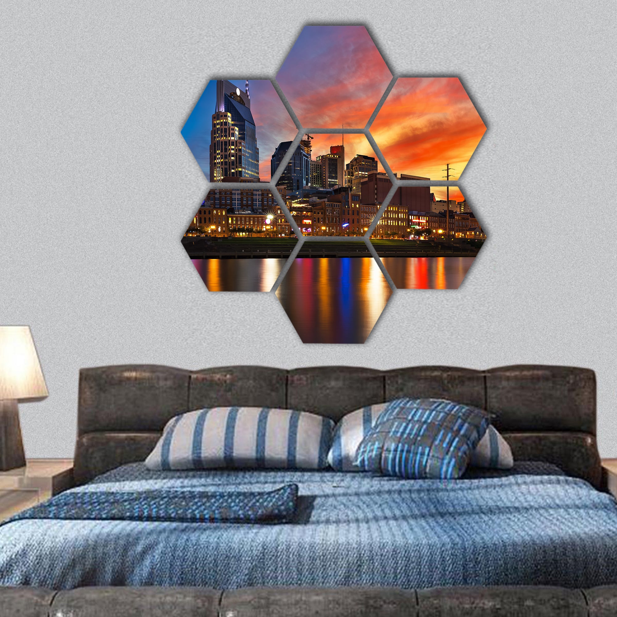 Nashville skyline and sunset hexagonal canvas wall art