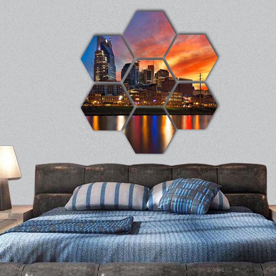 Nashville skyline and sunset hexagonal canvas wall art