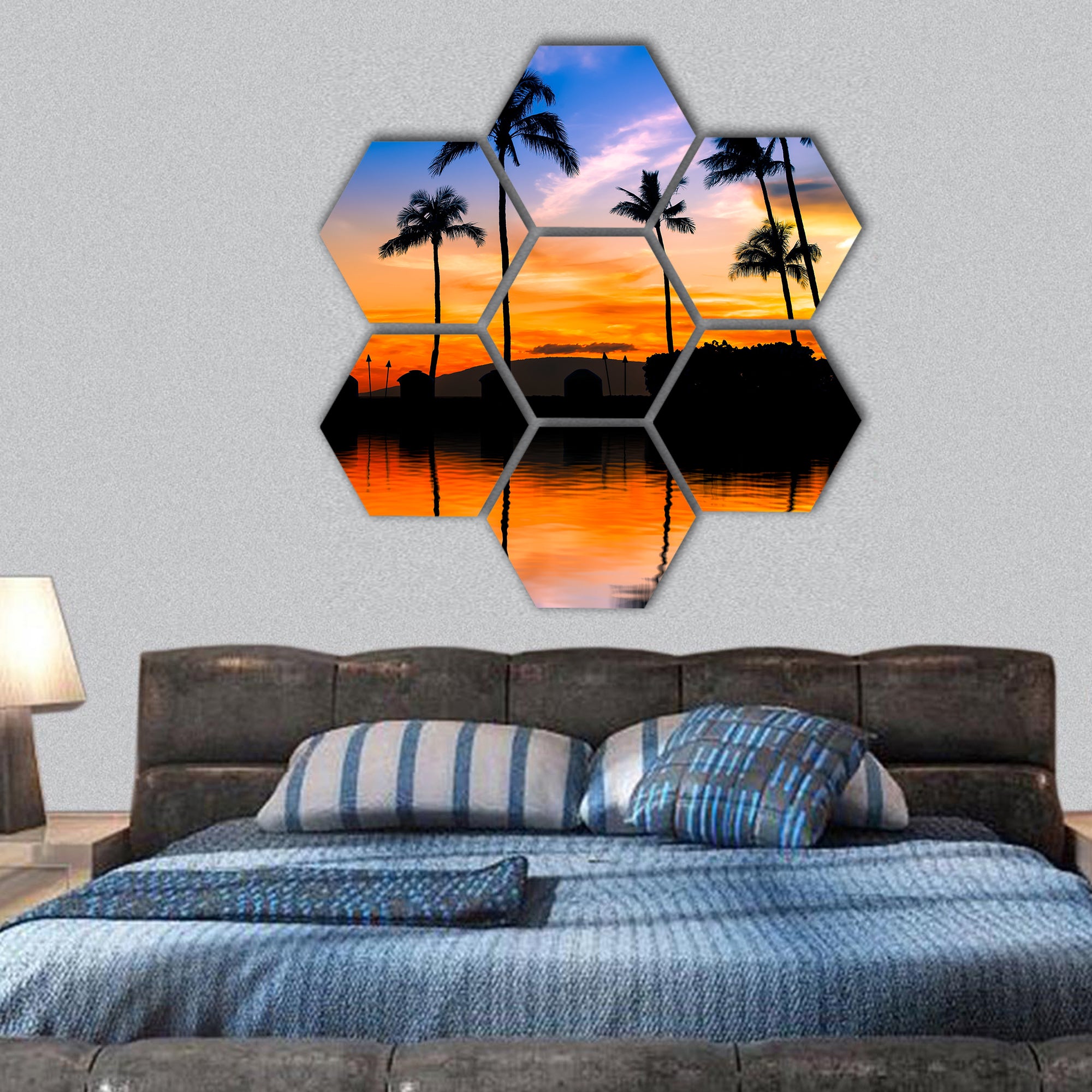 Hawaiian sunset with palm trees hexagonal canvas wall art