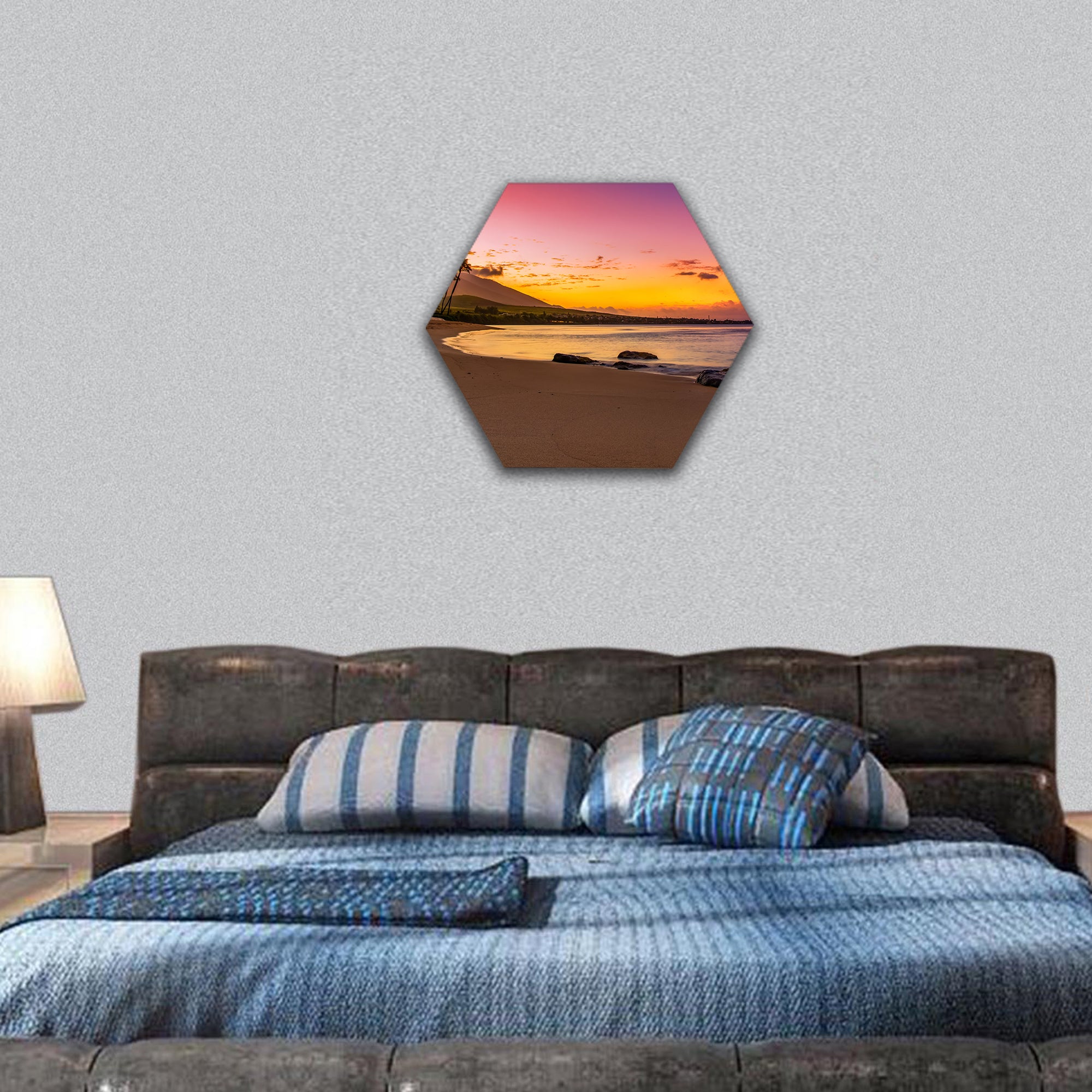 Hawaiian sunset with rocks hexagonal canvas wall art