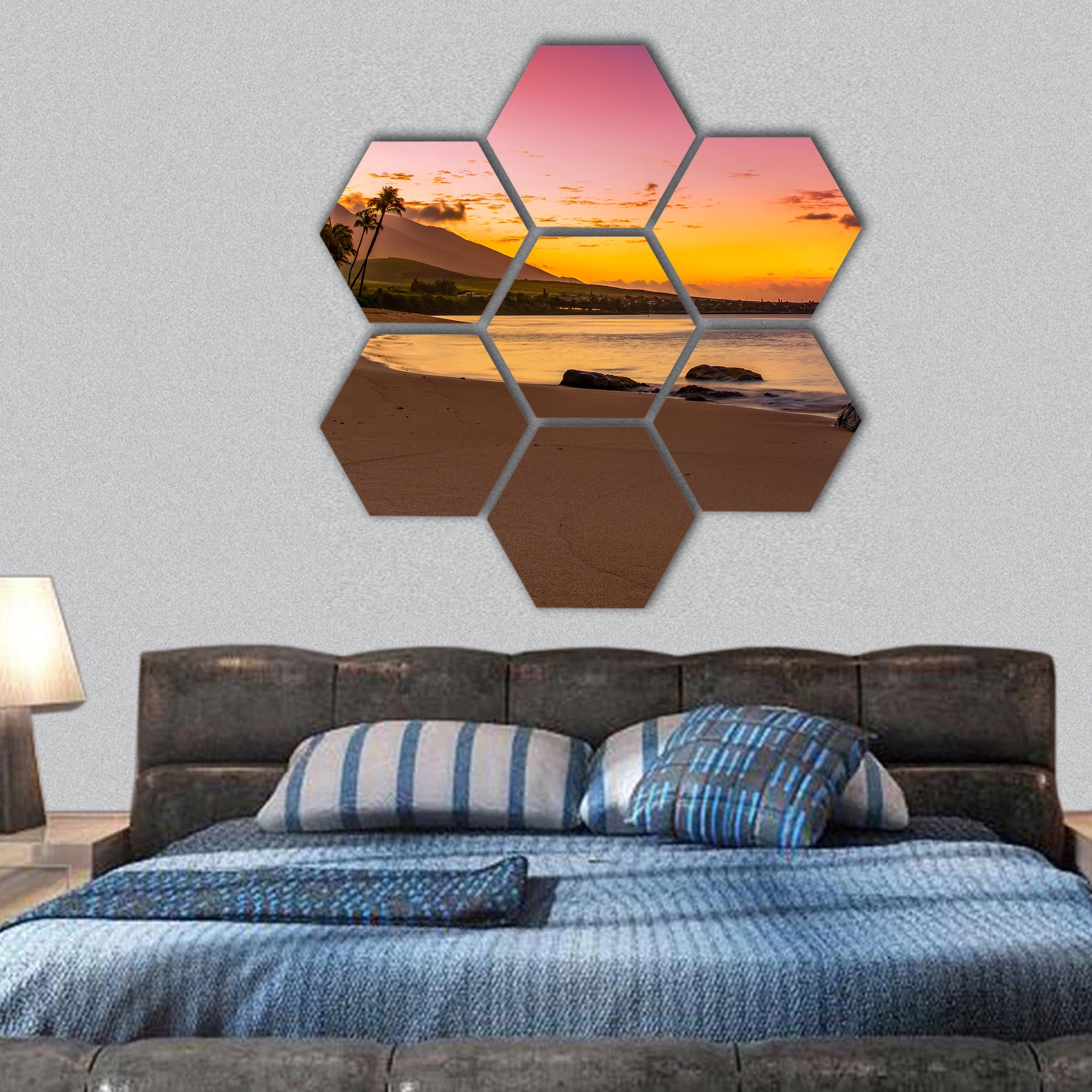 Hawaiian sunset with rocks hexagonal canvas wall art