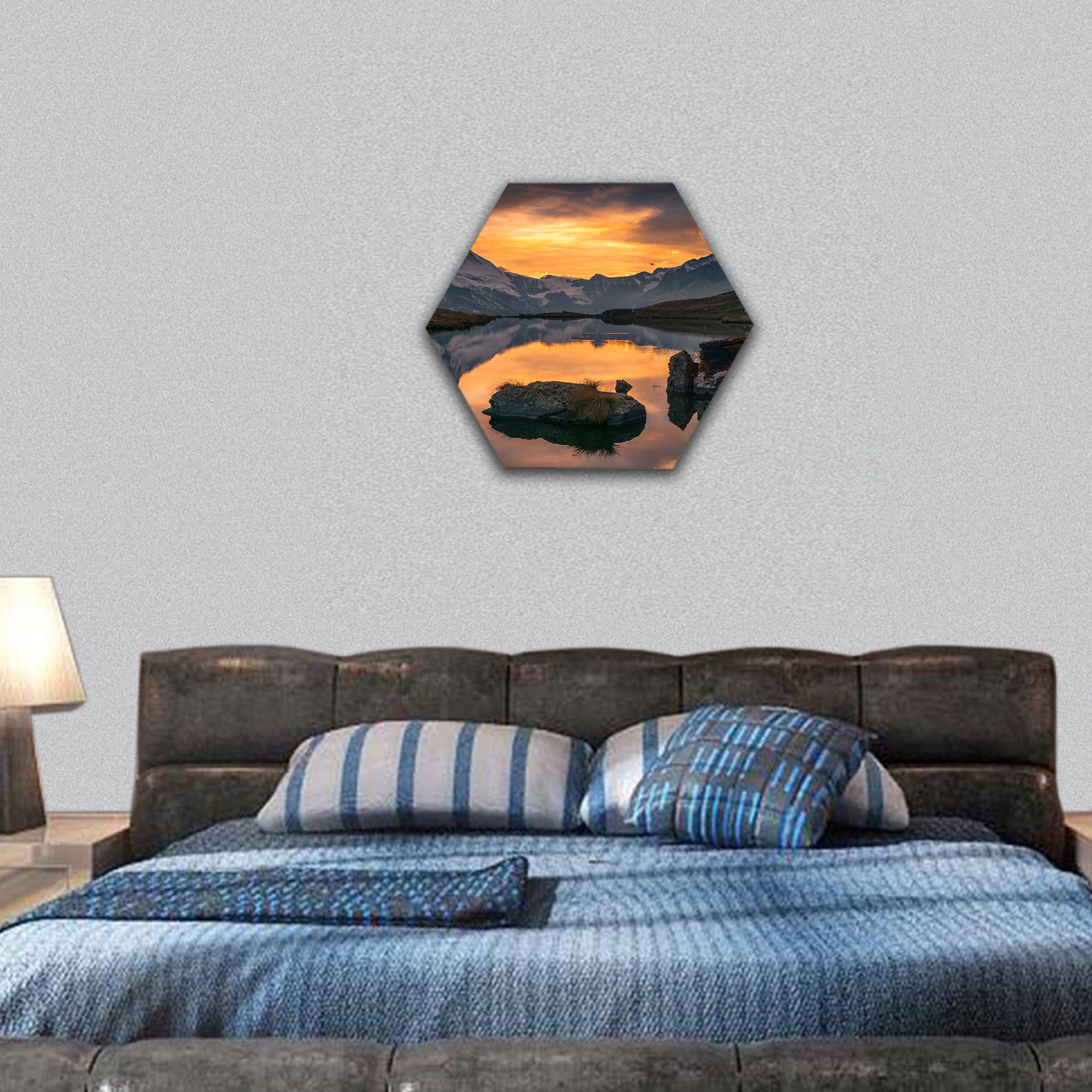 Sunset at Matterhorn with reflection hexagonal canvas wall art