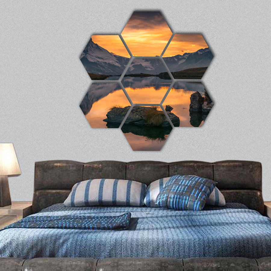 Sunset at Matterhorn with reflection hexagonal canvas wall art