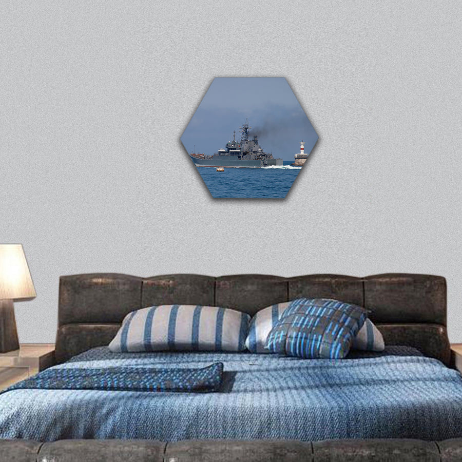 Warship out of the bay to the open sea hexagonal canvas wall art