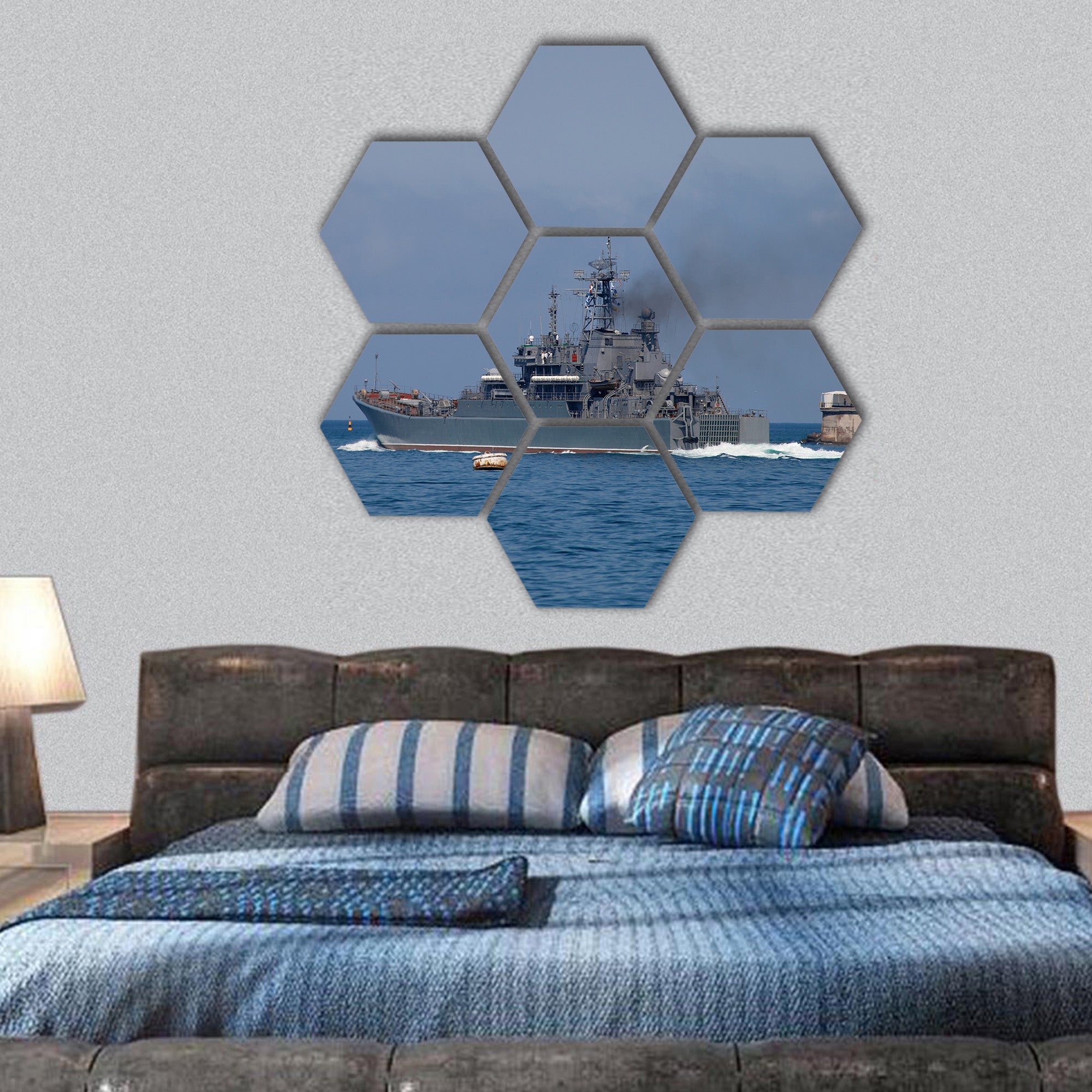 Warship out of the bay to the open sea hexagonal canvas wall art