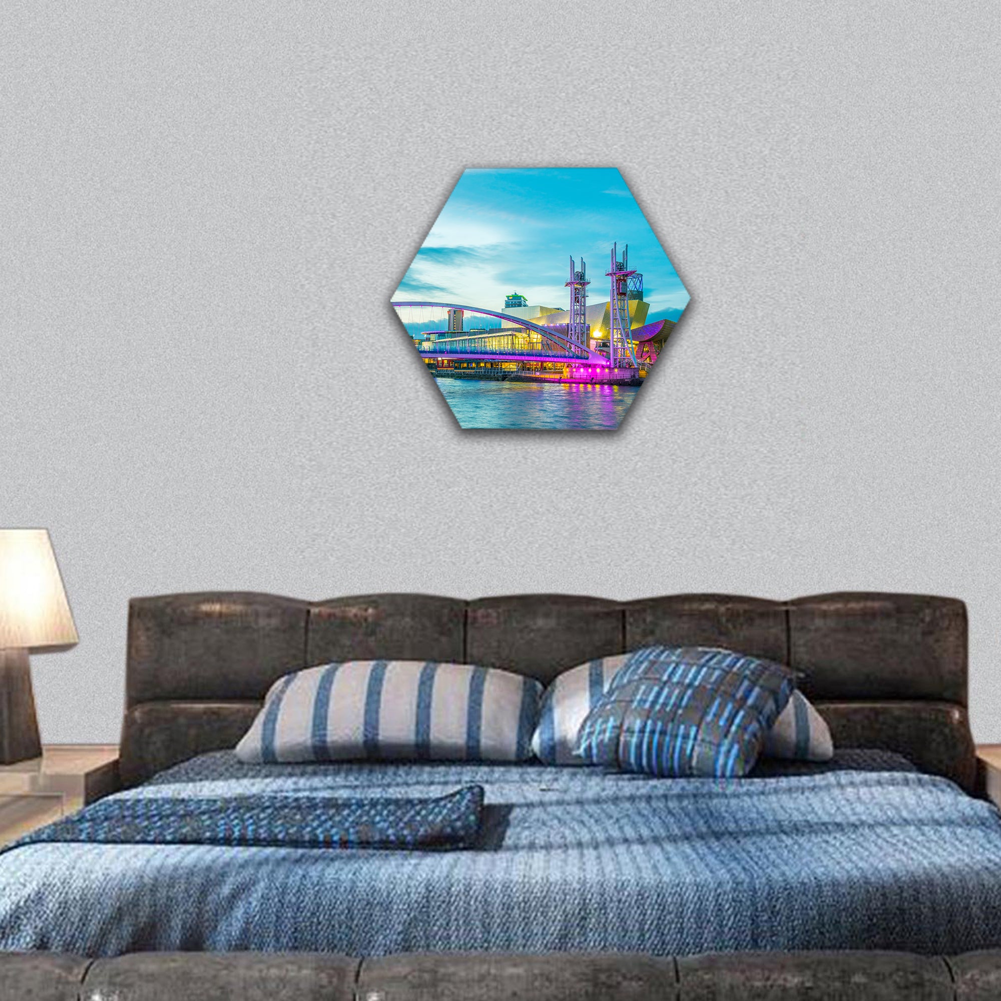 Lowry theater in Manchester during sunset, England hexagonal canvas wall art