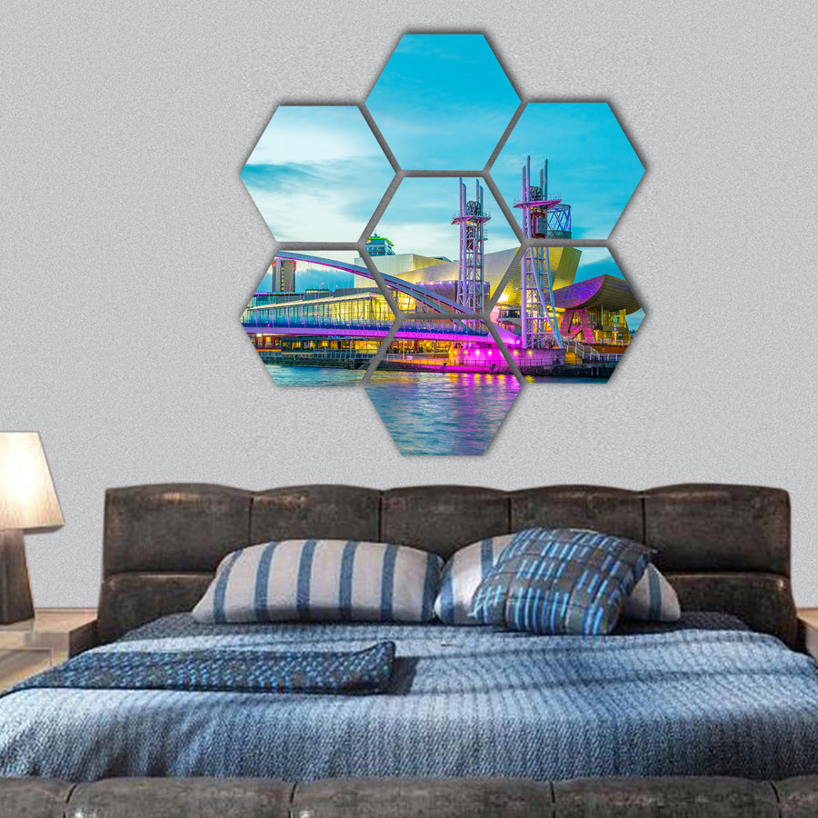 Lowry theater in Manchester during sunset, England hexagonal canvas wall art