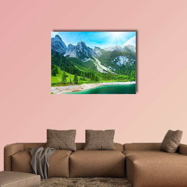 Beautiful summer Alpine mountain lake view and sunshine in sky wall art