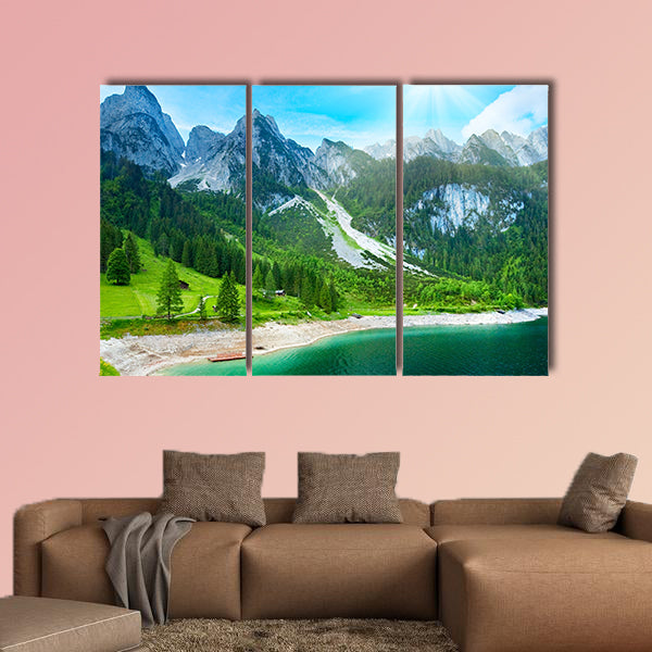 Beautiful summer Alpine mountain lake view and sunshine in sky wall art