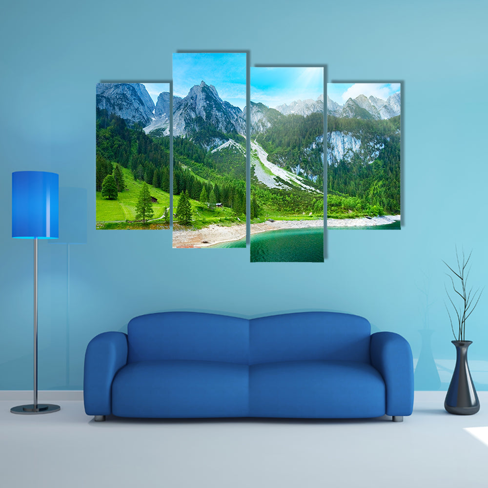 Beautiful summer Alpine mountain lake view and sunshine in sky multi panel canvas wall art
