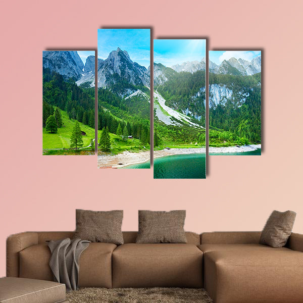 Beautiful summer Alpine mountain lake view and sunshine in sky wall art