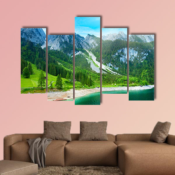 Beautiful summer Alpine mountain lake view and sunshine in sky wall art