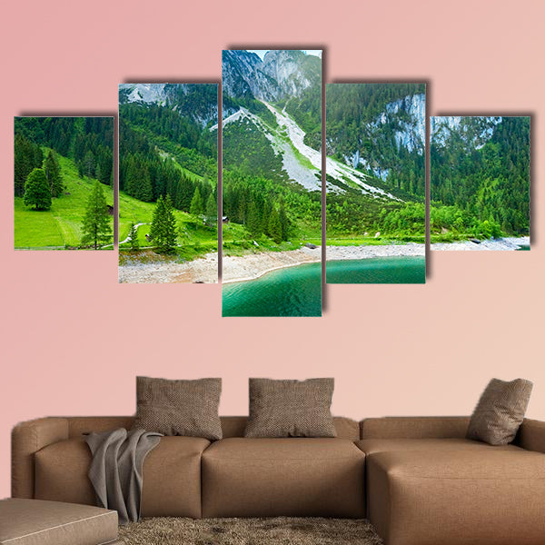 Beautiful summer Alpine mountain lake view and sunshine in sky wall art