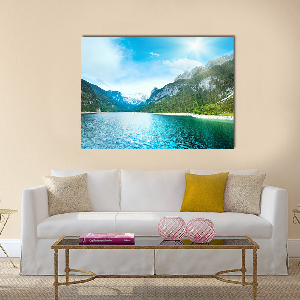 Beautiful summer Alpine lake Gosausee view and sunshine in sky multi panel canvas wall art
