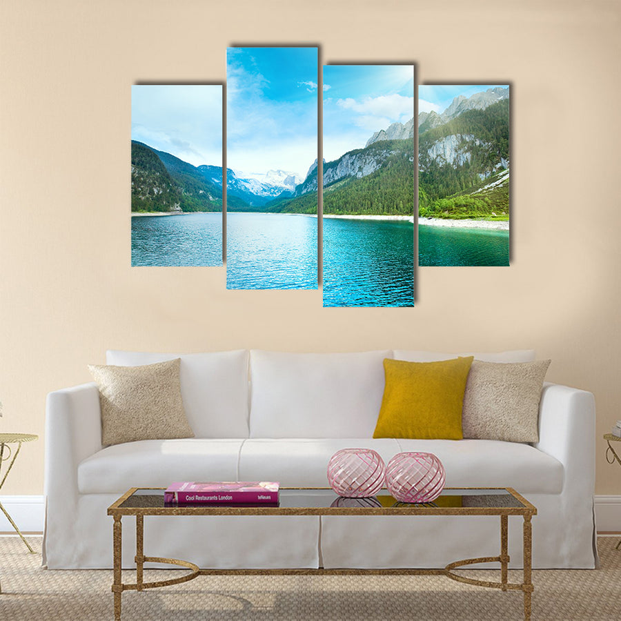 Beautiful summer Alpine lake Gosausee view and sunshine in sky multi panel canvas wall art