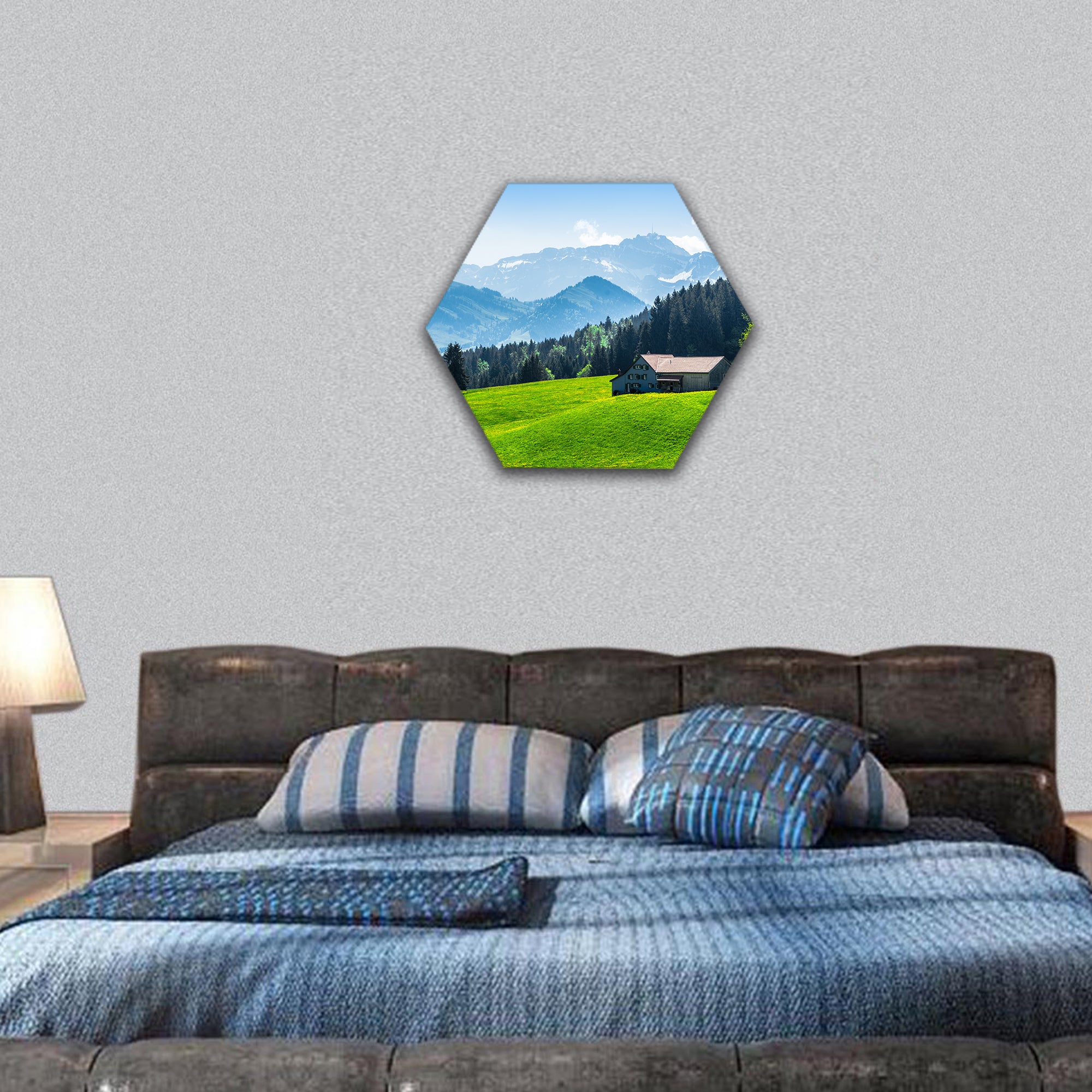 Alpine landscape with the saentis peak hexagonal canvas wall art