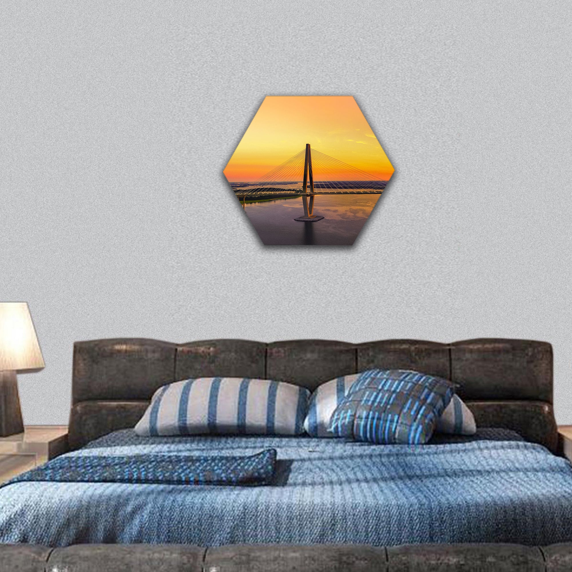 Charleston bridge with sunset hexagonal canvas wall art