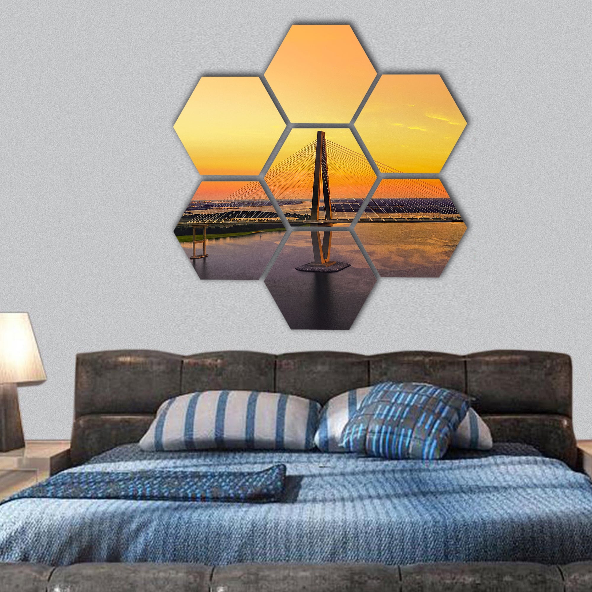Charleston bridge with sunset hexagonal canvas wall art