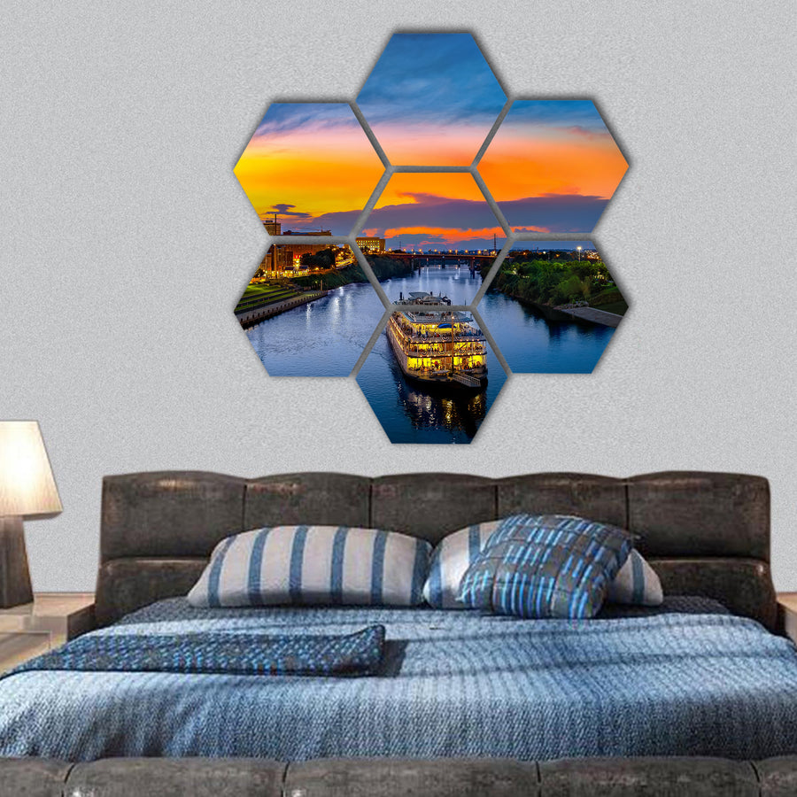 Nashville skyline with boat hexagonal canvas wall art