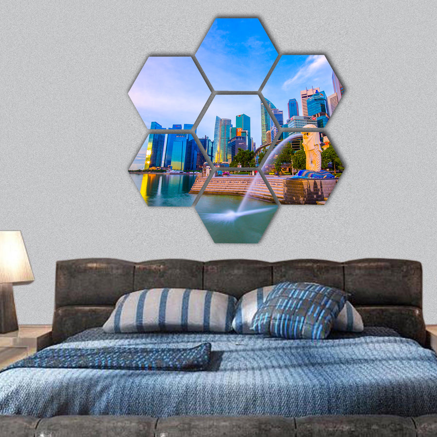 Merlion Park and financial buildings in Singapore hexagonal canvas wall art