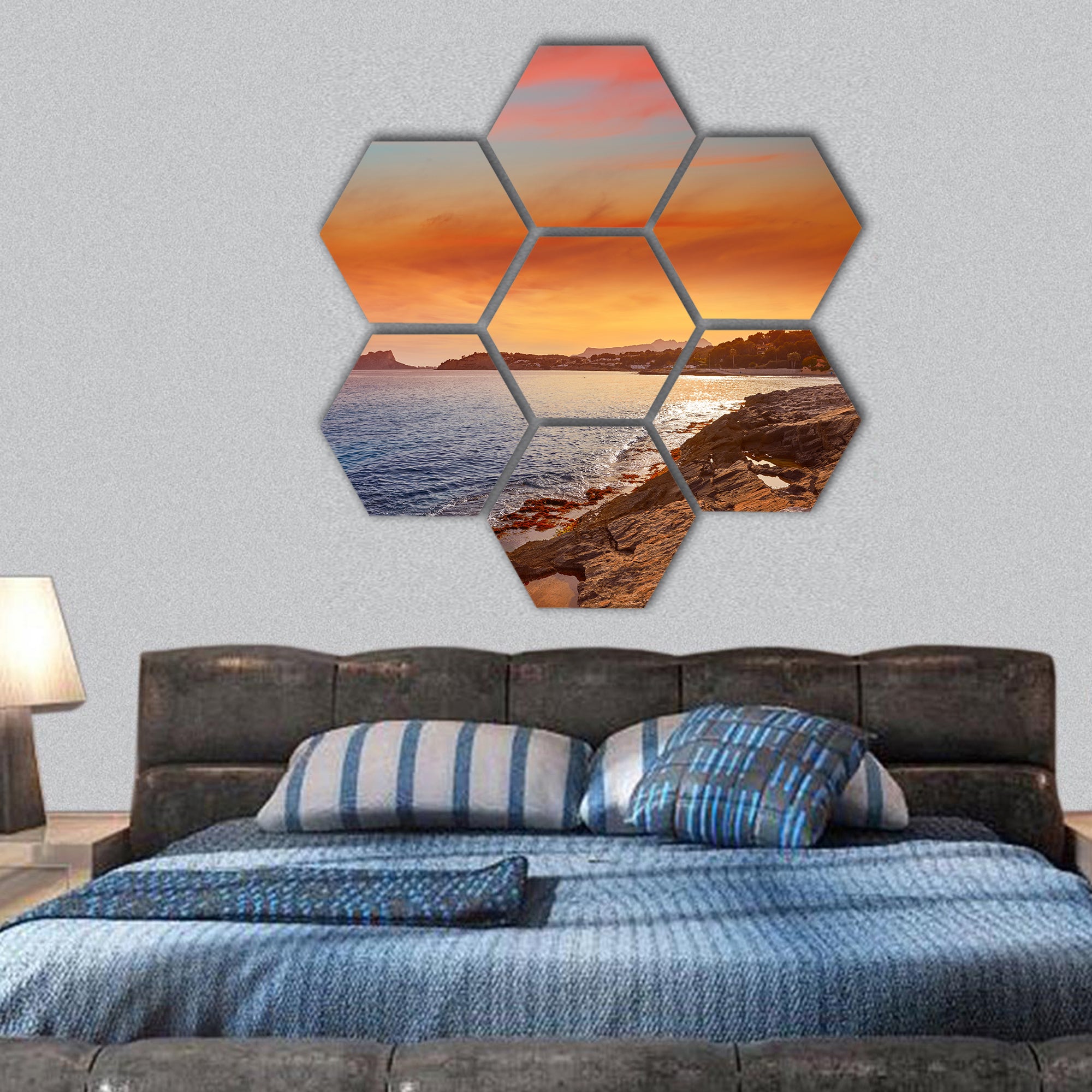 Moraira beach sunset in Alicante of Spain hexagonal canvas wall art