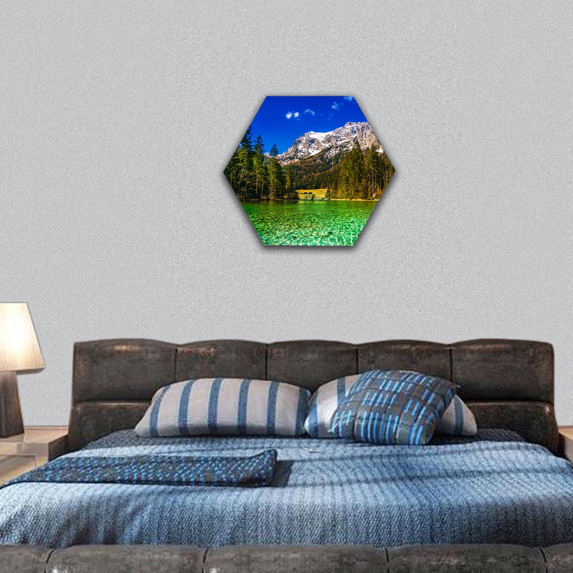 Aerial view of lake Hintersee, Germany  hexagonal canvas wall art