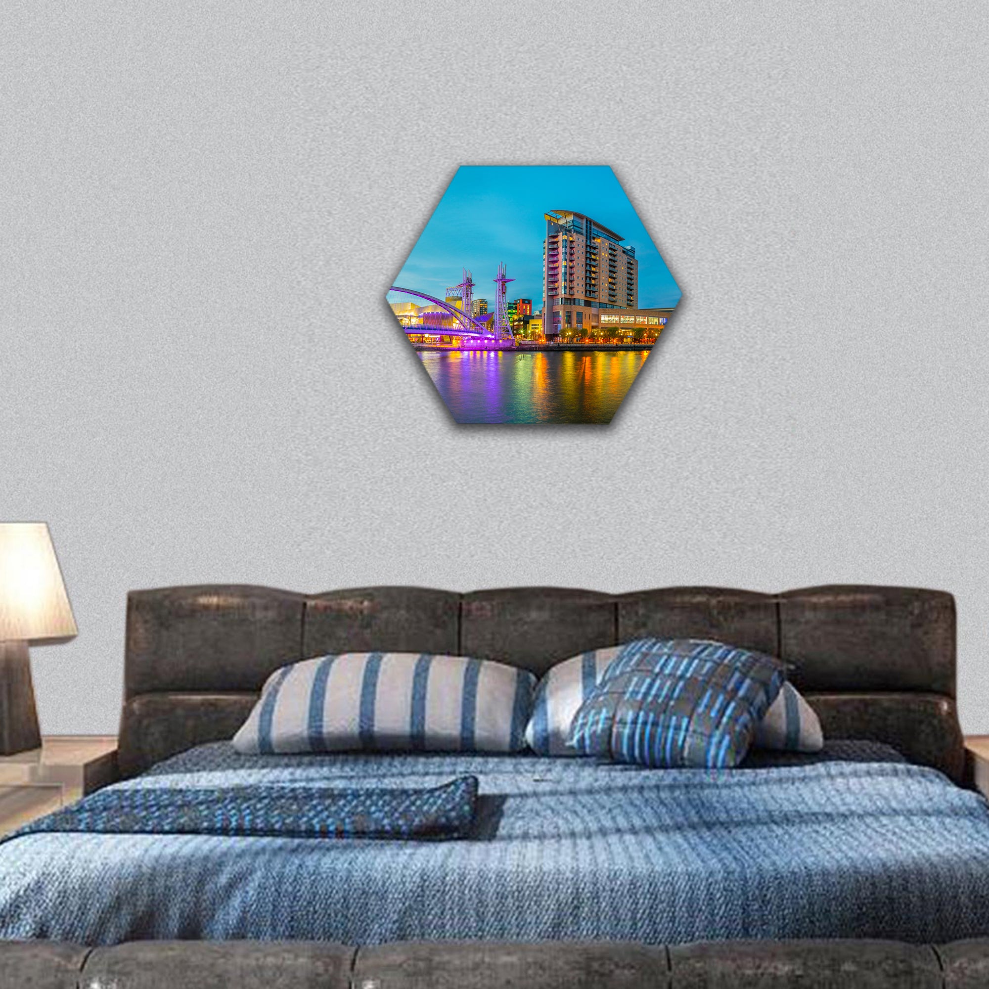 Lowry theater in Manchester during sunset, England hexagonal canvas wall art