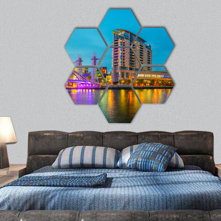 Lowry theater in Manchester during sunset, England hexagonal canvas wall art