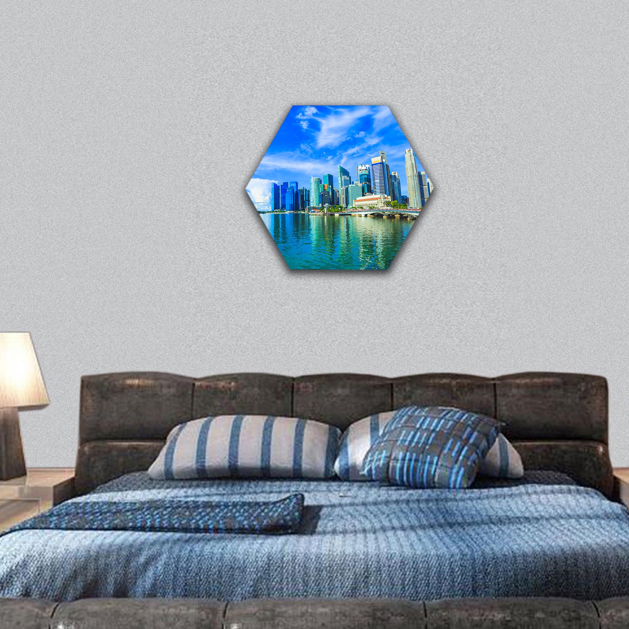 Merlion Park and financial district buildings in Singapore hexagonal canvas wall art