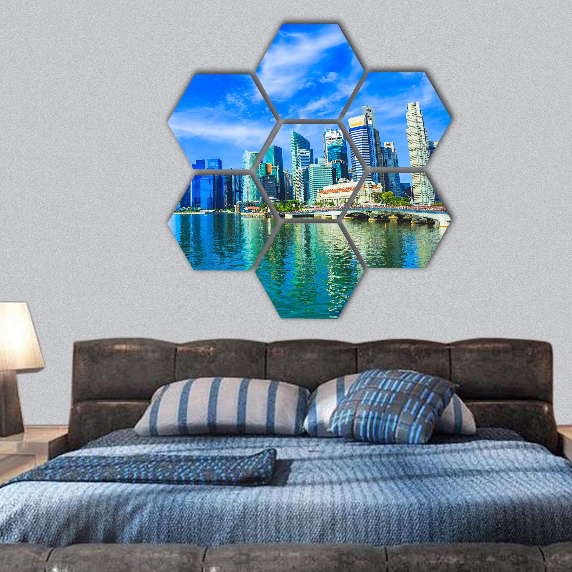 Merlion Park and financial district buildings in Singapore hexagonal canvas wall art