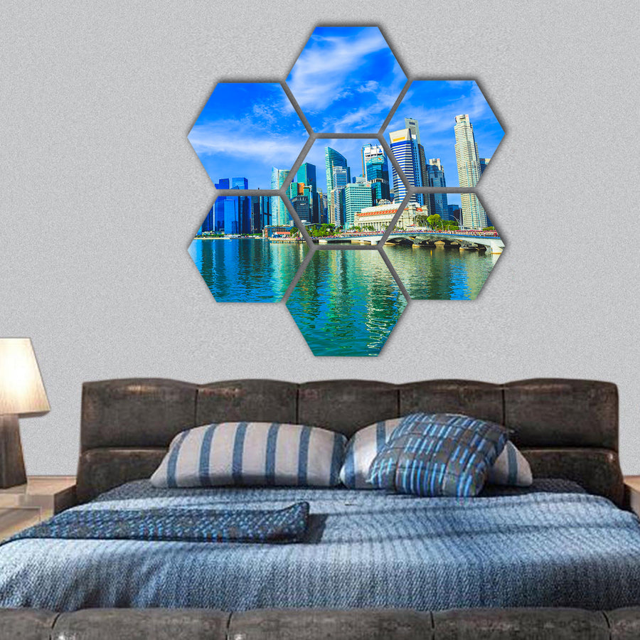 Merlion Park and financial district buildings in Singapore hexagonal canvas wall art