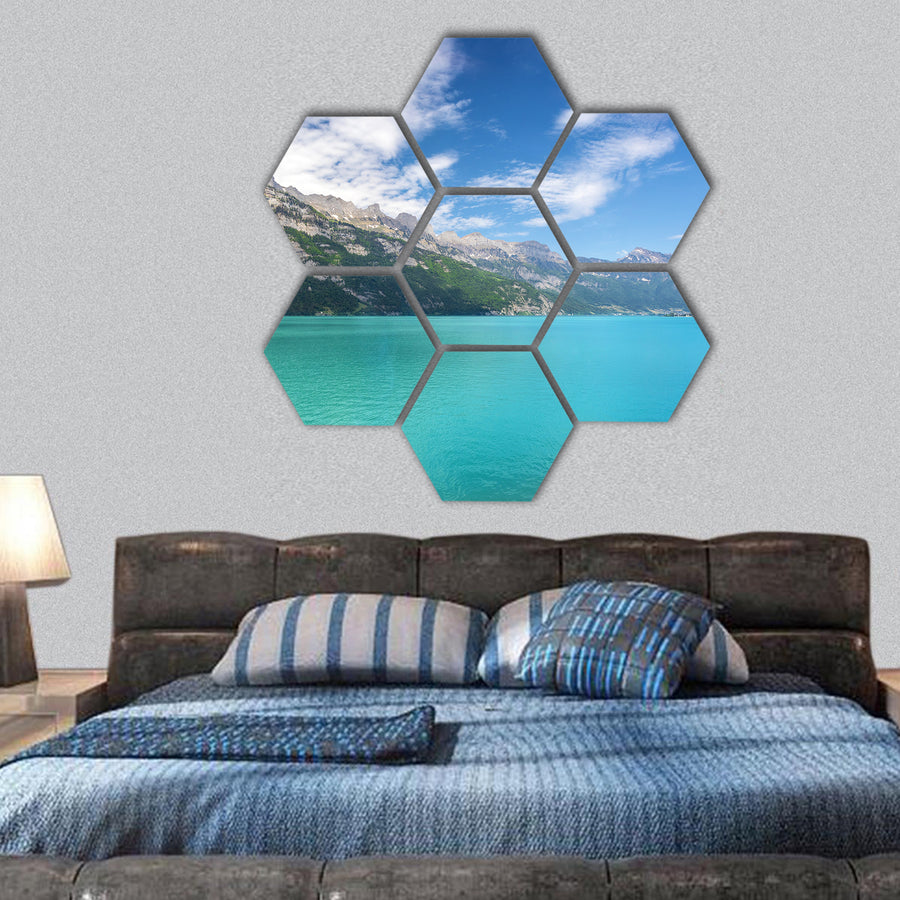 Mountains and lake landscape Switzerland hexagonal canvas wall art