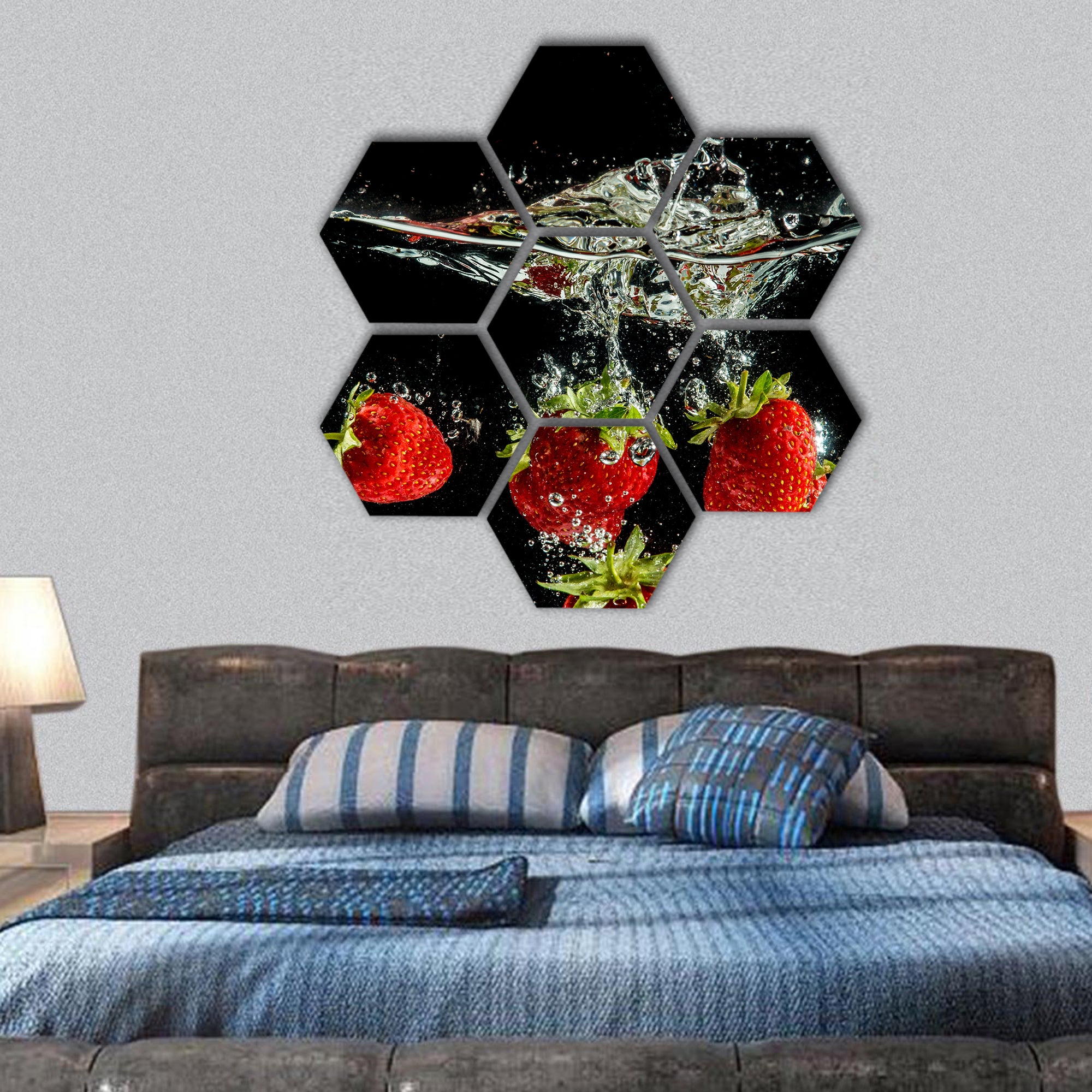 pure falling strawberry into water with splash hexagonal canvas wall art