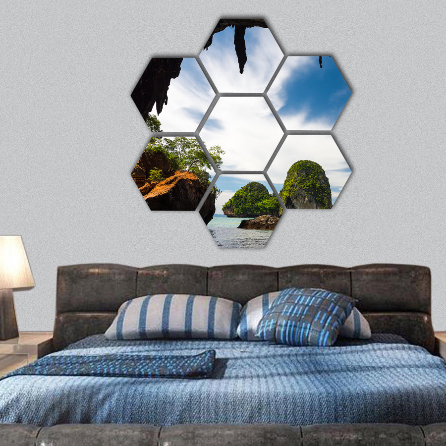 Tropical Nang cave beach Krabi Thailand hexagonal canvas wall art