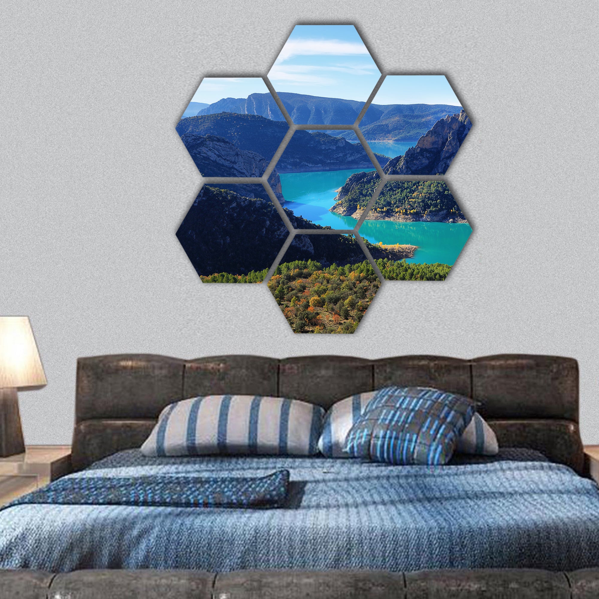 Spectacular cliff with a wooden walkway to a turquoise river hexagonal canvas wall art