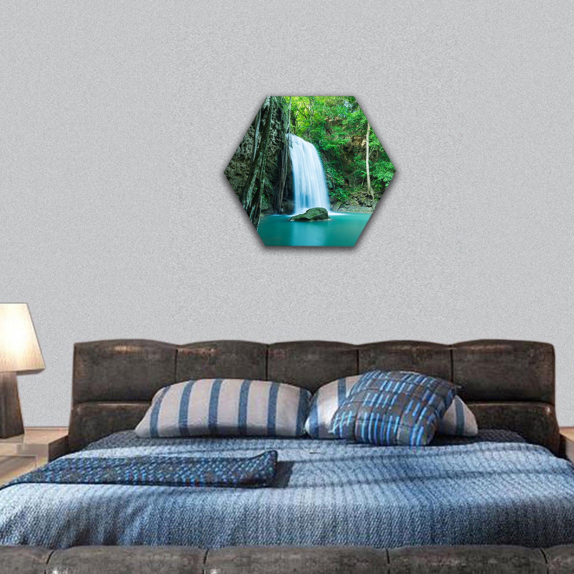 Erawan tropical waterfall in Kanchanaburi province, Thailand hexagonal canvas wall art