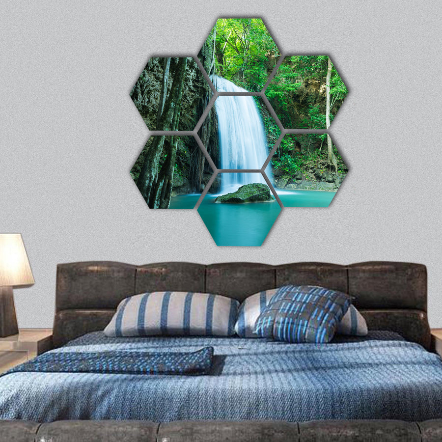 Erawan tropical waterfall in Kanchanaburi province, Thailand hexagonal canvas wall art