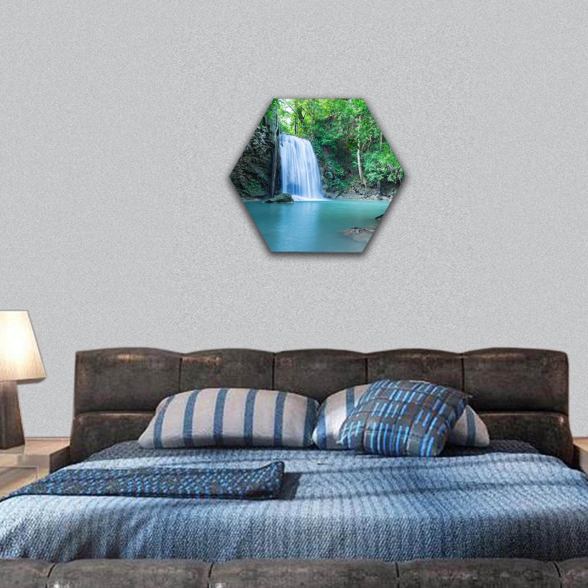 Erawan tropical waterfall in Kanchanaburi province, Thailand hexagonal canvas wall art