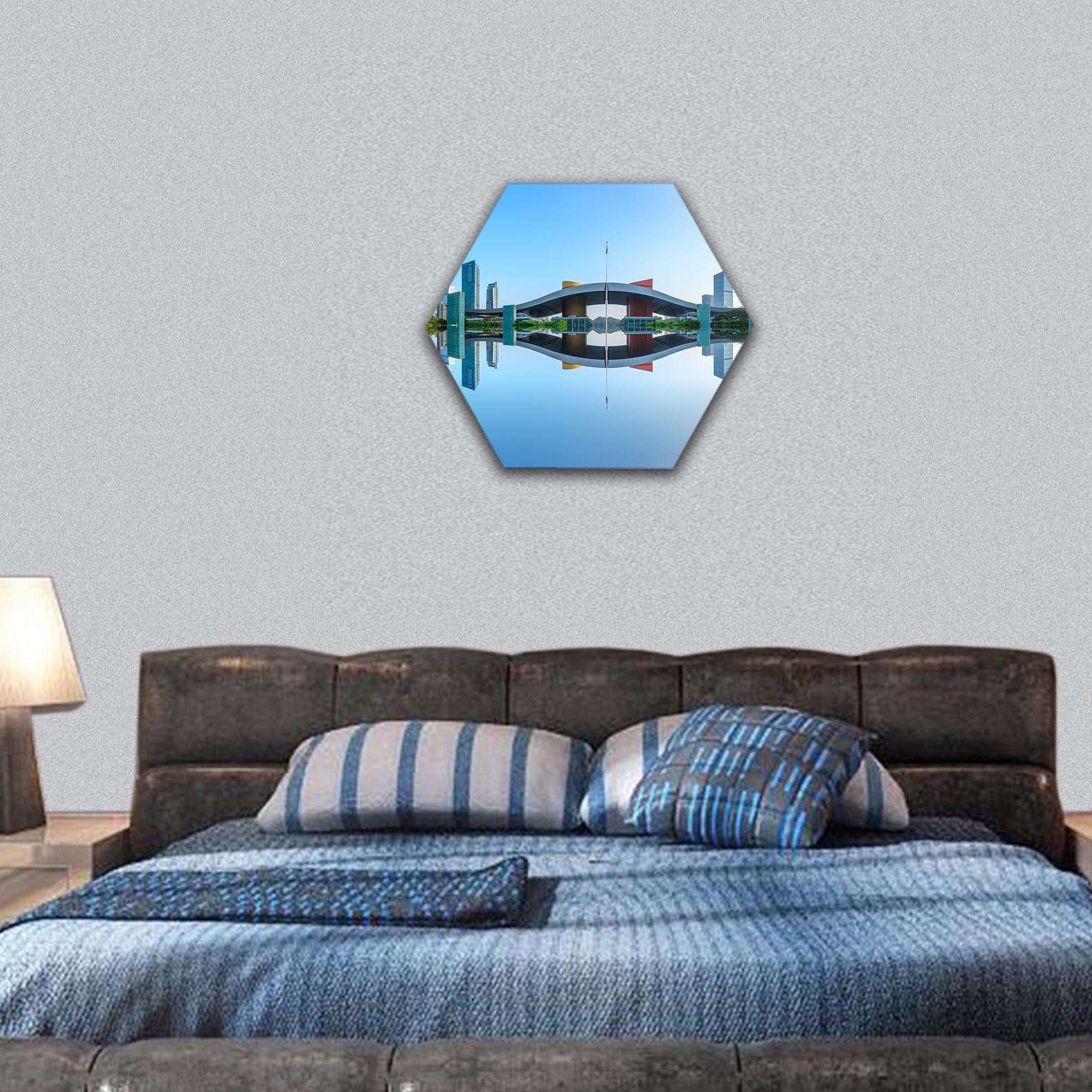 modern city skyline and water reflection in Shenzhen hexagonal canvas wall art
