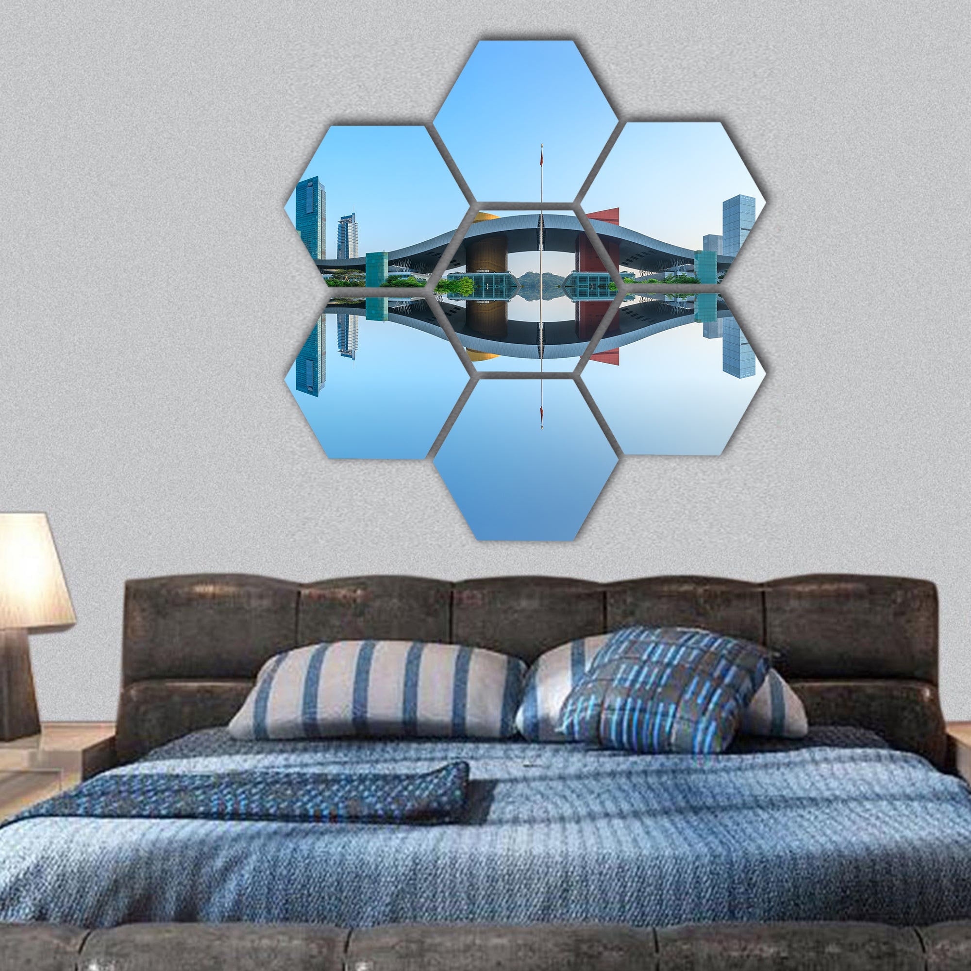 modern city skyline and water reflection in Shenzhen hexagonal canvas wall art
