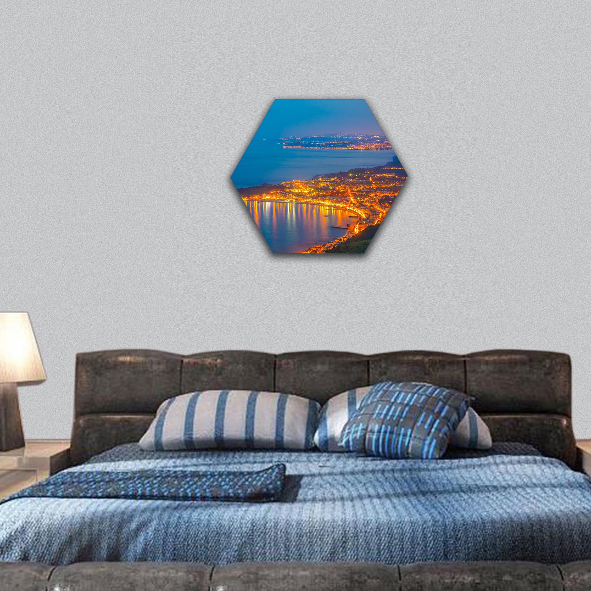 Sunset view of coastline near Sicilian city Taormina hexagonal canvas wall art