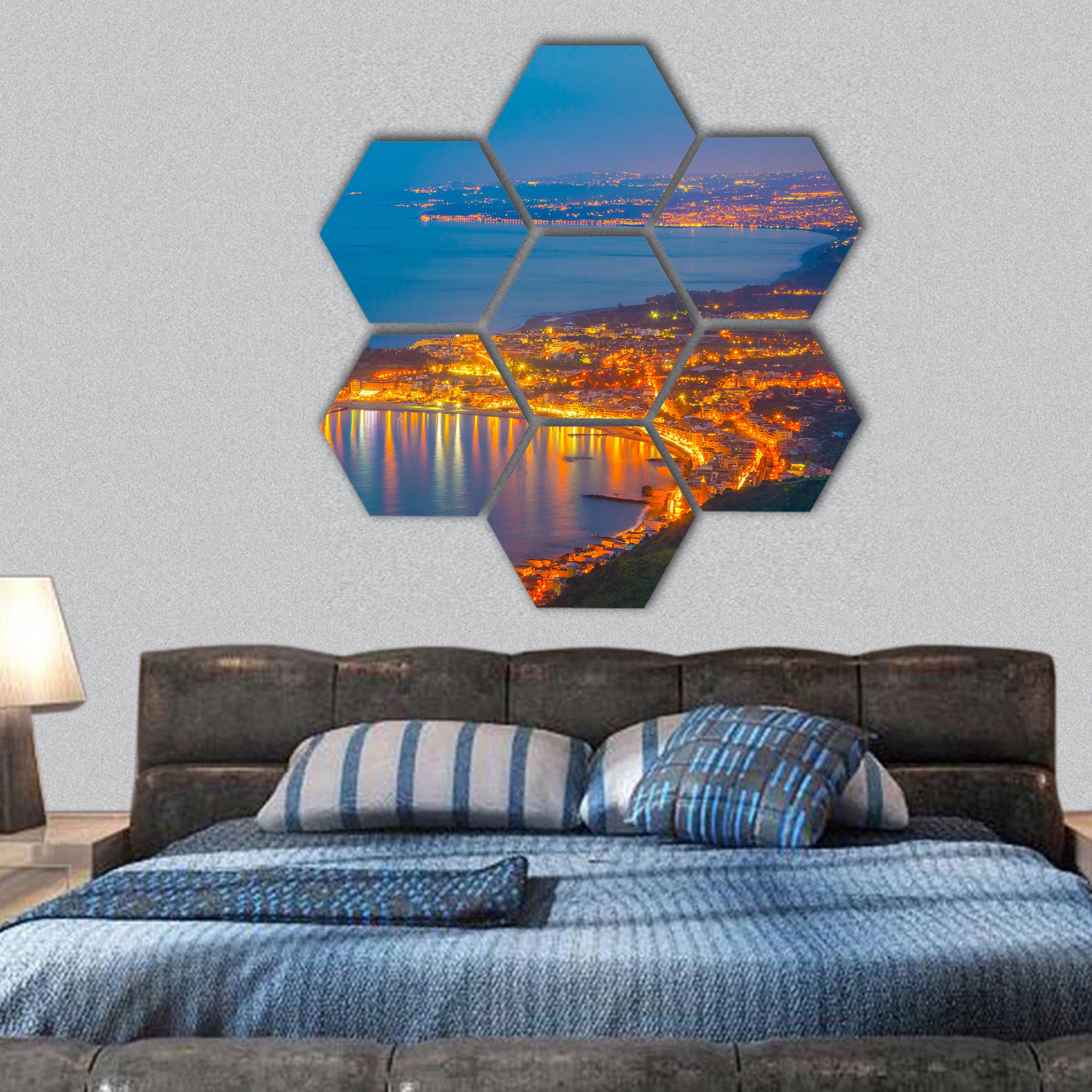Sunset view of coastline near Sicilian city Taormina hexagonal canvas wall art